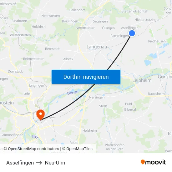 Asselfingen to Neu-Ulm map