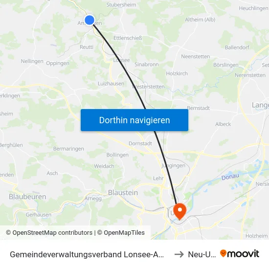 Gemeindeverwaltungsverband Lonsee-Amstetten to Neu-Ulm map