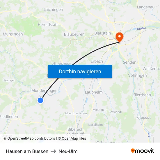 Hausen am Bussen to Neu-Ulm map
