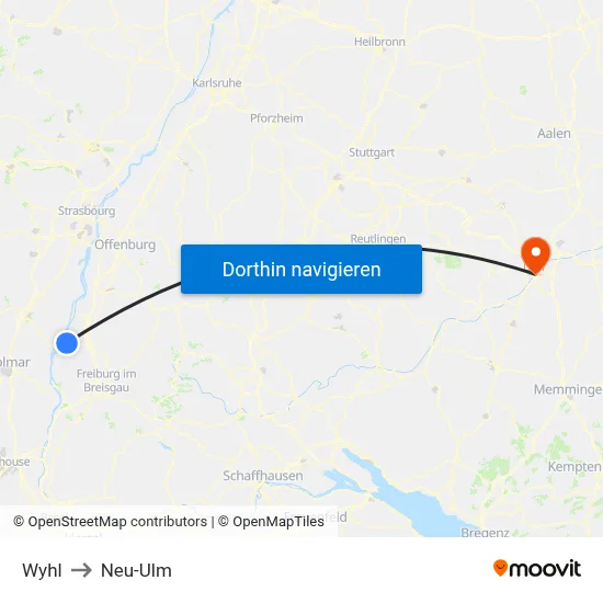 Wyhl to Neu-Ulm map