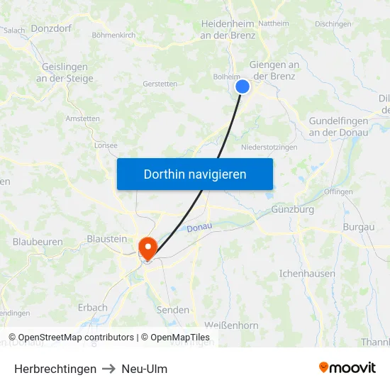 Herbrechtingen to Neu-Ulm map