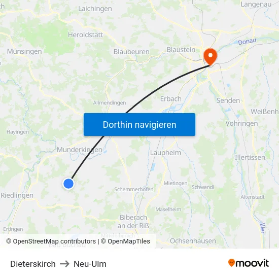 Dieterskirch to Neu-Ulm map