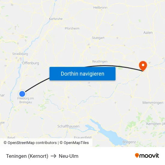 Teningen (Kernort) to Neu-Ulm map