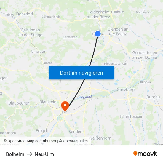 Bolheim to Neu-Ulm map