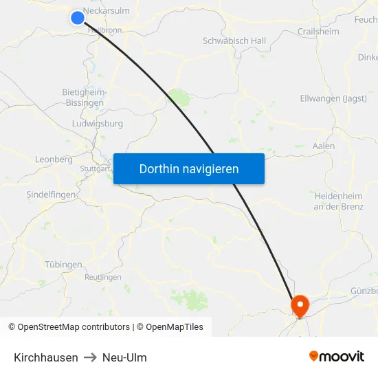 Kirchhausen to Neu-Ulm map