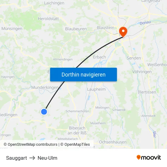 Sauggart to Neu-Ulm map