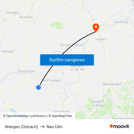 Wangen (Ostrach) to Neu-Ulm map