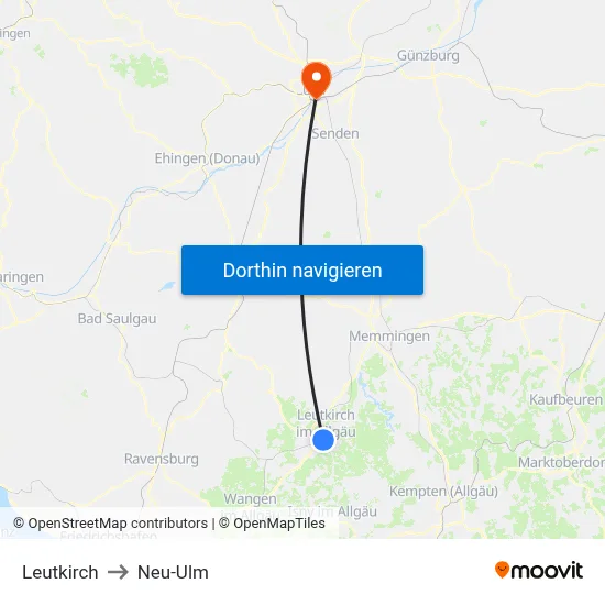 Leutkirch to Neu-Ulm map