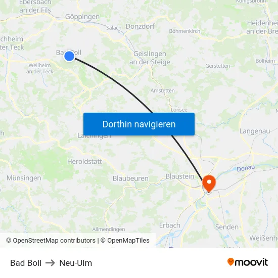 Bad Boll to Neu-Ulm map
