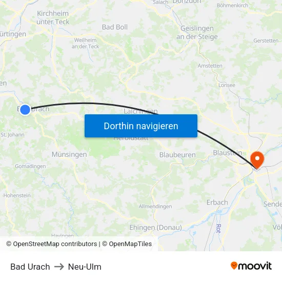 Bad Urach to Neu-Ulm map