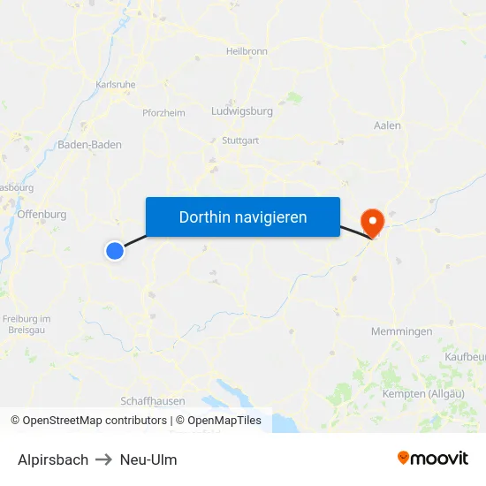 Alpirsbach to Neu-Ulm map