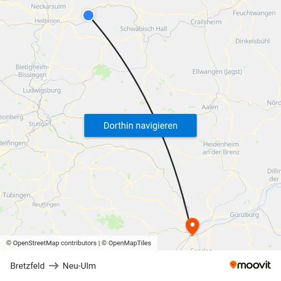 Bretzfeld to Neu-Ulm map