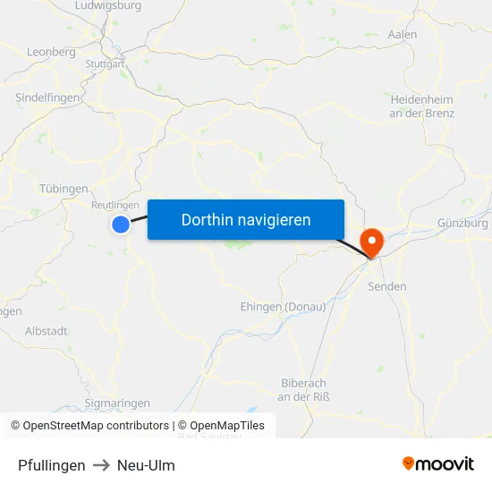 Pfullingen to Neu-Ulm map