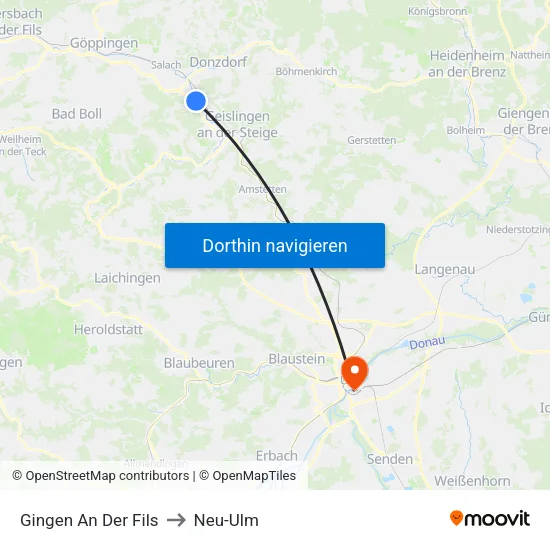 Gingen An Der Fils to Neu-Ulm map