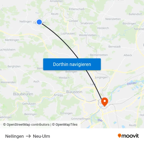 Nellingen to Neu-Ulm map