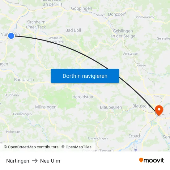 Nürtingen to Neu-Ulm map