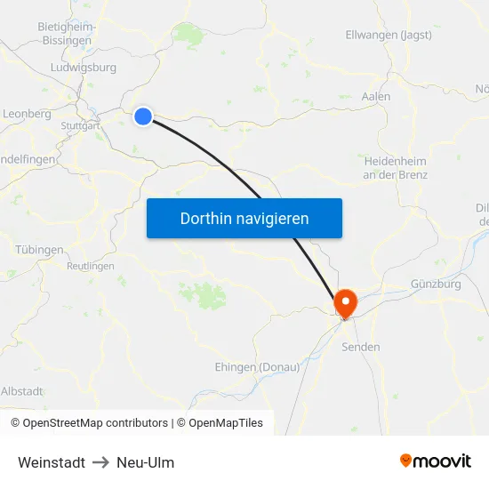 Weinstadt to Neu-Ulm map