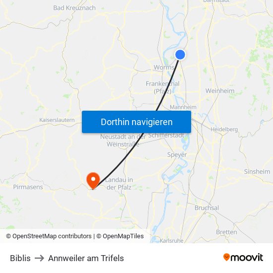 Biblis to Annweiler am Trifels map