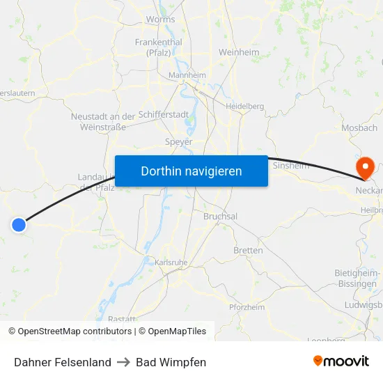 Dahner Felsenland to Bad Wimpfen map