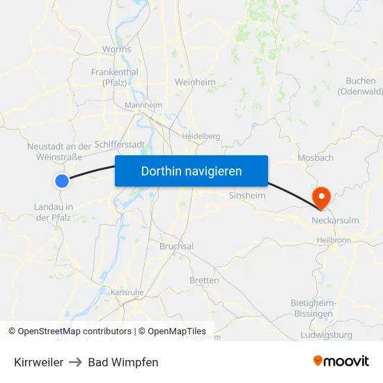 Kirrweiler to Bad Wimpfen map