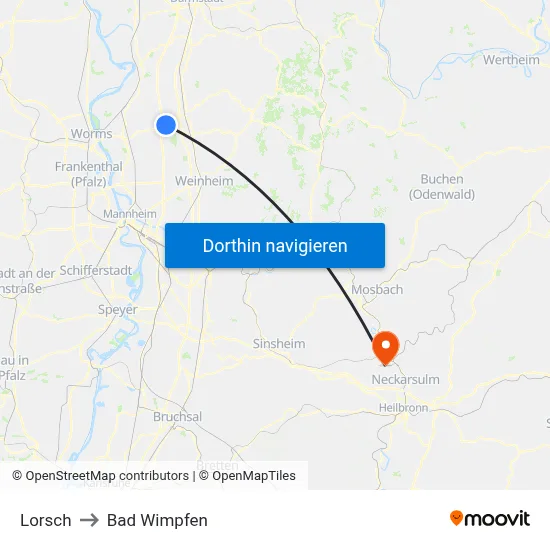 Lorsch to Bad Wimpfen map