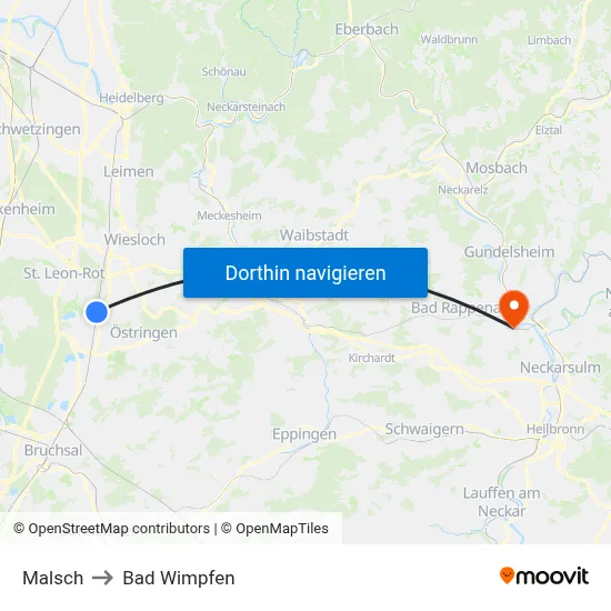 Malsch to Bad Wimpfen map
