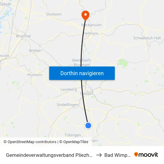 Gemeindeverwaltungsverband Pliezhausen to Bad Wimpfen map