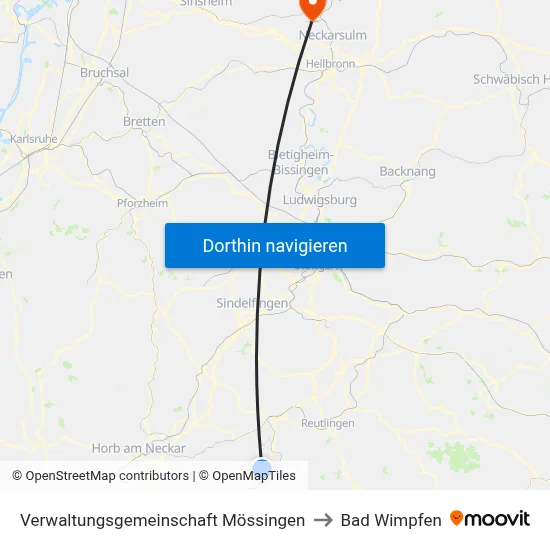 Verwaltungsgemeinschaft Mössingen to Bad Wimpfen map