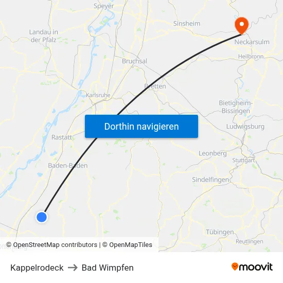 Kappelrodeck to Bad Wimpfen map