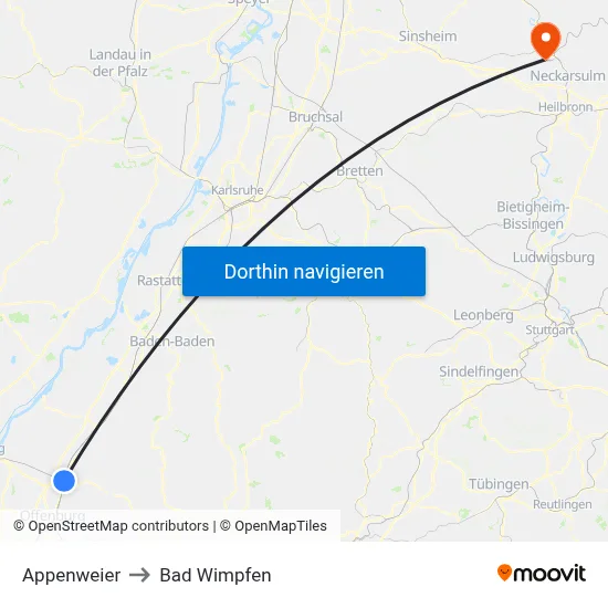 Appenweier to Bad Wimpfen map