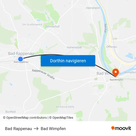 Bad Rappenau to Bad Wimpfen map