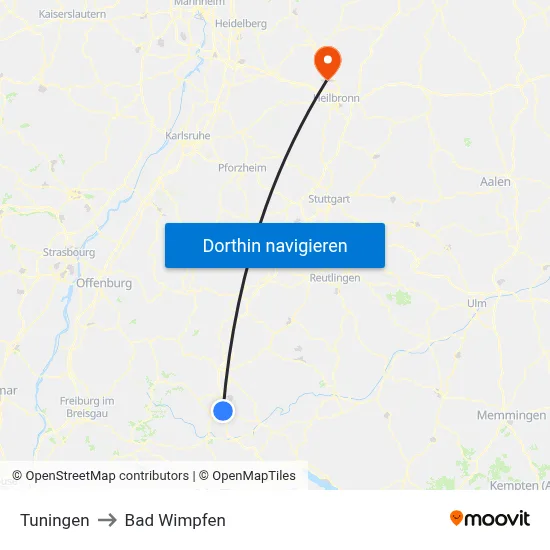 Tuningen to Bad Wimpfen map
