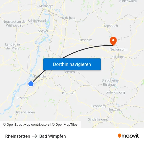 Rheinstetten to Bad Wimpfen map