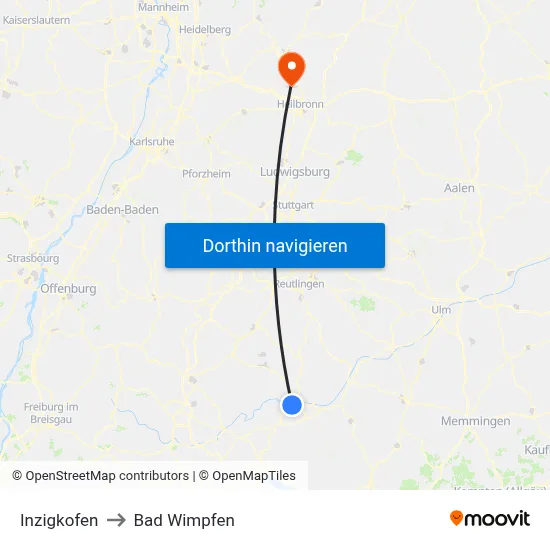 Inzigkofen to Bad Wimpfen map