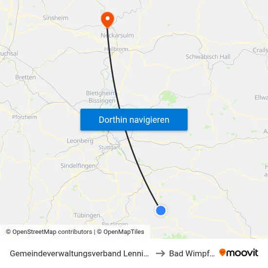 Gemeindeverwaltungsverband Lenningen to Bad Wimpfen map