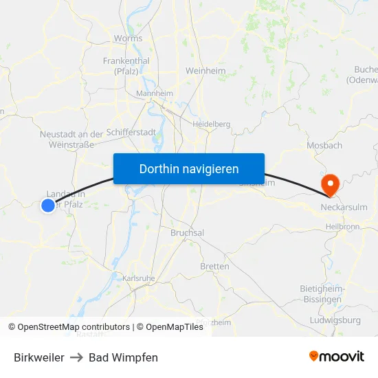 Birkweiler to Bad Wimpfen map