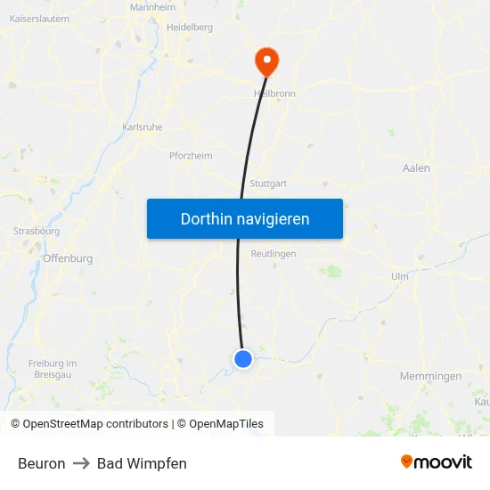 Beuron to Bad Wimpfen map