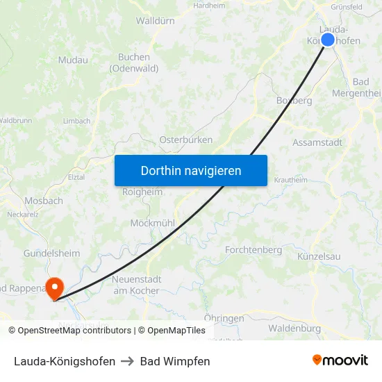 Lauda-Königshofen to Bad Wimpfen map