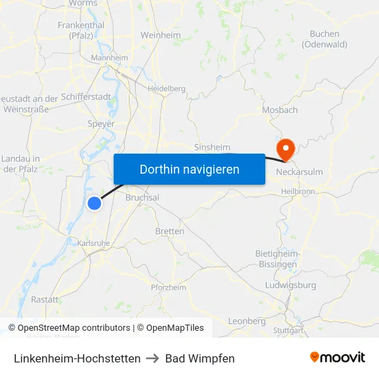 Linkenheim-Hochstetten to Bad Wimpfen map