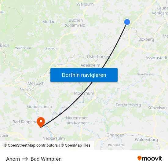 Ahorn to Bad Wimpfen map