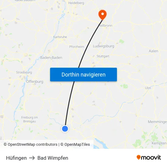 Hüfingen to Bad Wimpfen map