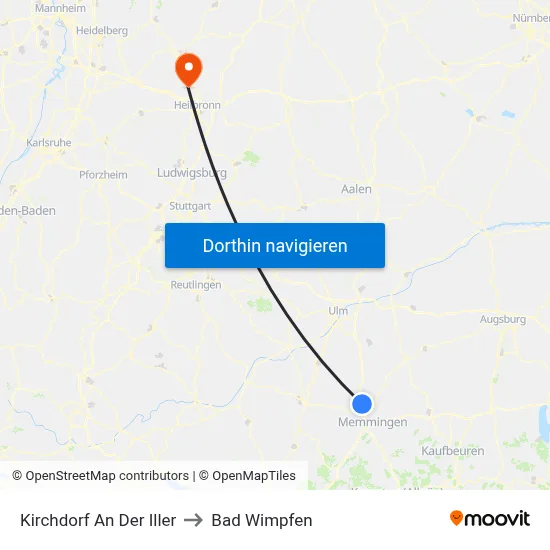 Kirchdorf An Der Iller to Bad Wimpfen map