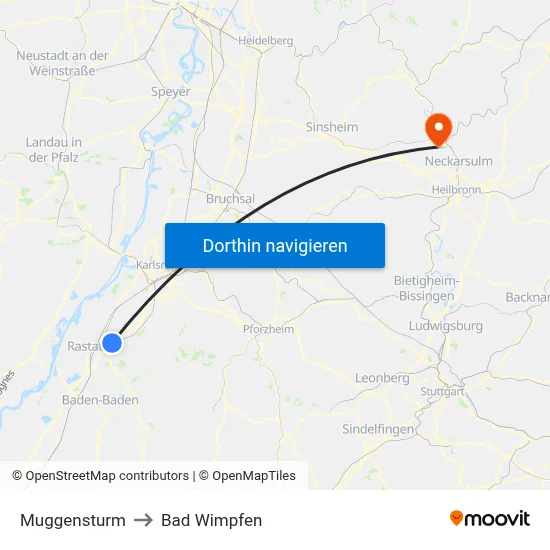 Muggensturm to Bad Wimpfen map