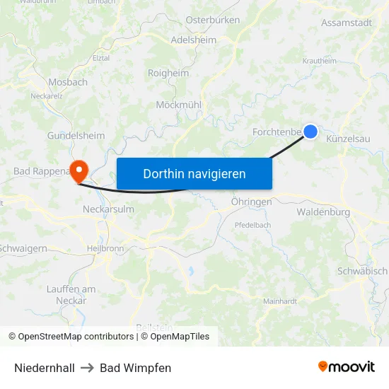 Niedernhall to Bad Wimpfen map