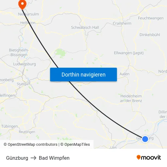 Günzburg to Bad Wimpfen map