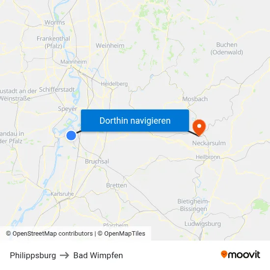 Philippsburg to Bad Wimpfen map