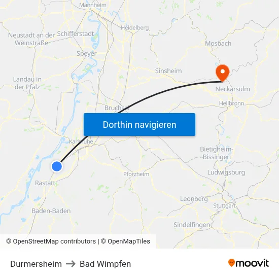 Durmersheim to Bad Wimpfen map