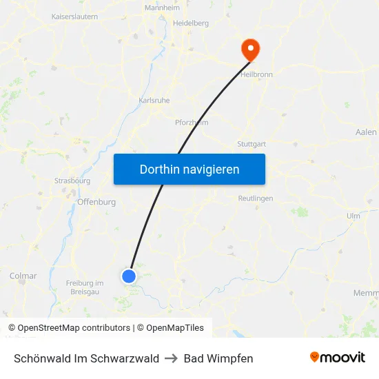 Schönwald Im Schwarzwald to Bad Wimpfen map