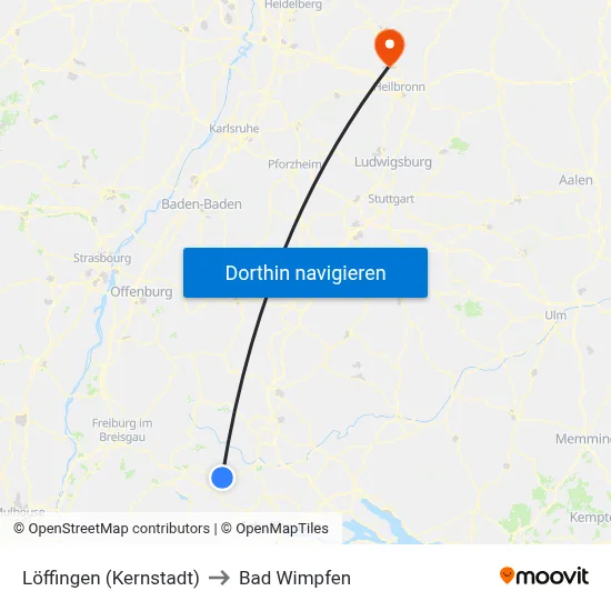 Löffingen (Kernstadt) to Bad Wimpfen map