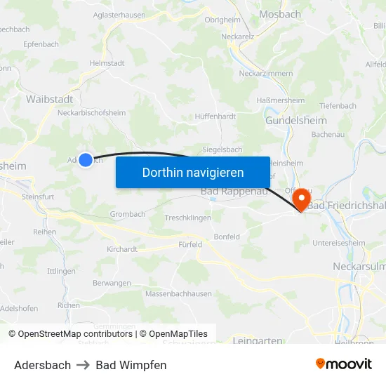 Adersbach to Bad Wimpfen map